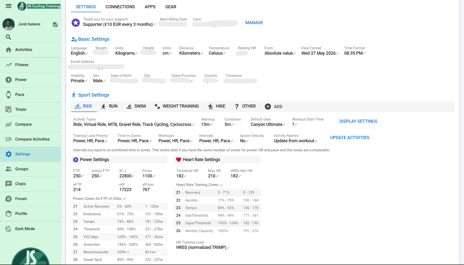 Basic settings and training zones screen in Intervals.icu.