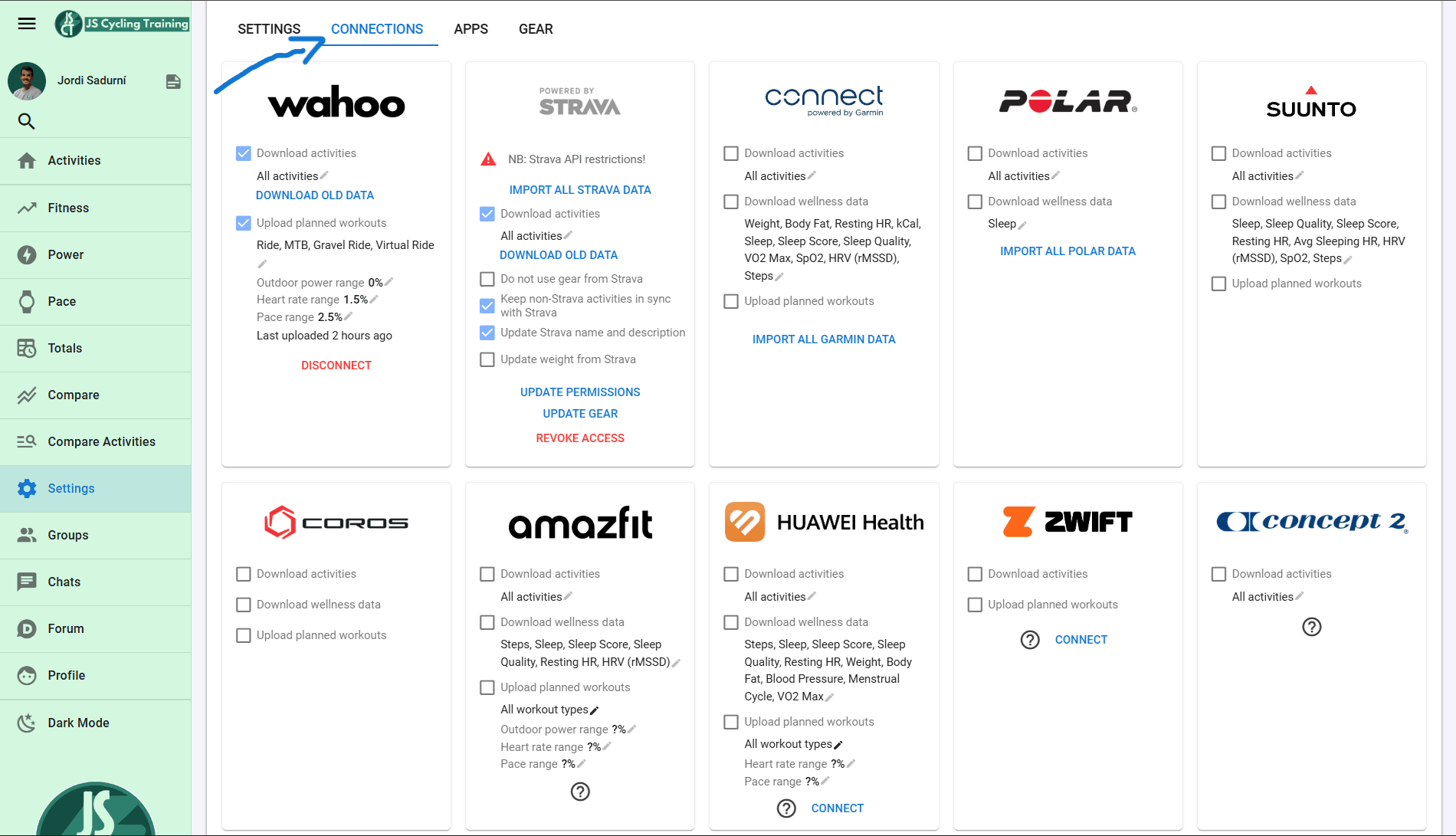 Connections screen with Garmin, Wahoo, Strava, Polar, Suunto and other platforms in Intervals.icu.