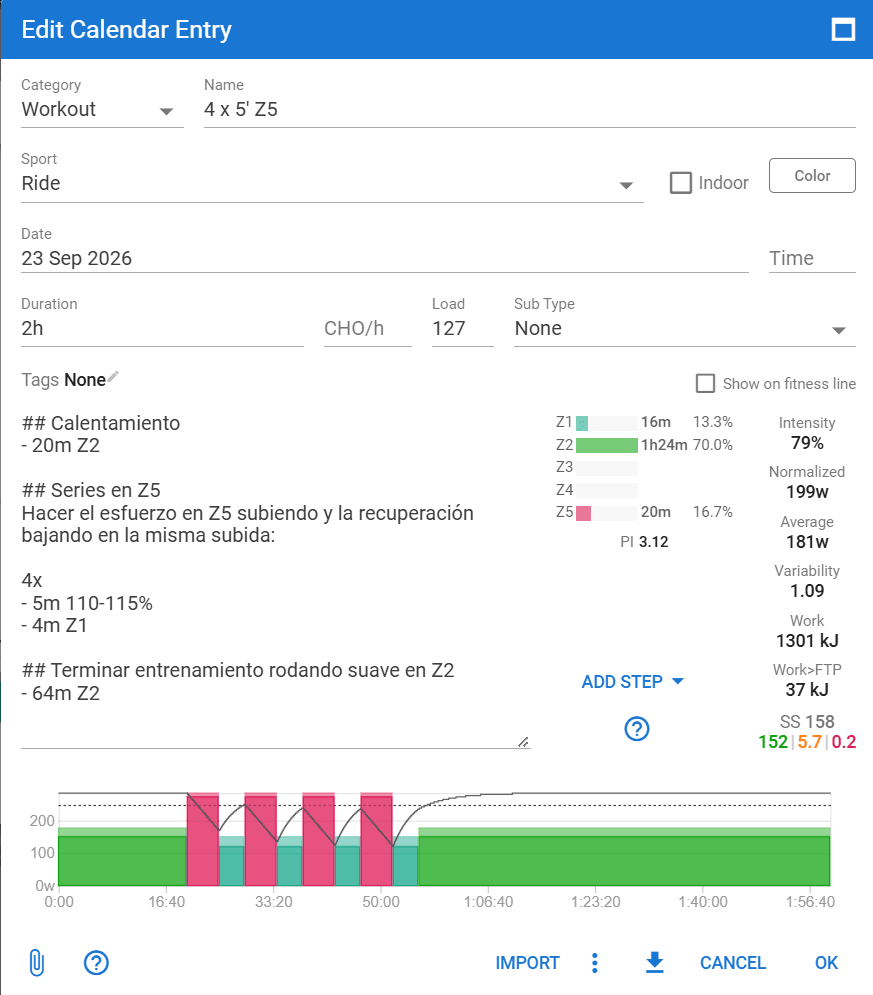 Constructor de entrenamientos por texto de Intervals.icu con una sesión de 4 series de 8 minutos al 95% del FTP