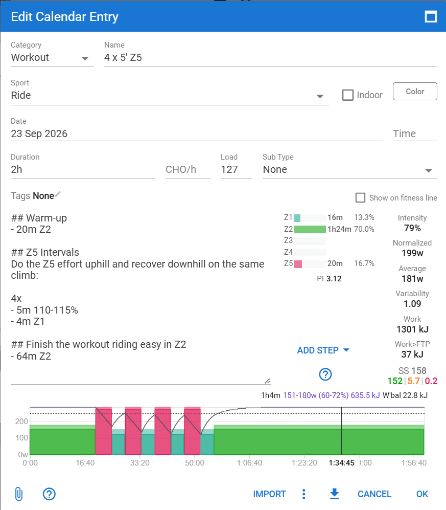 Intervals.icu text-based workout builder showing a session of 4 sets of 8 minutes at 95% of FTP