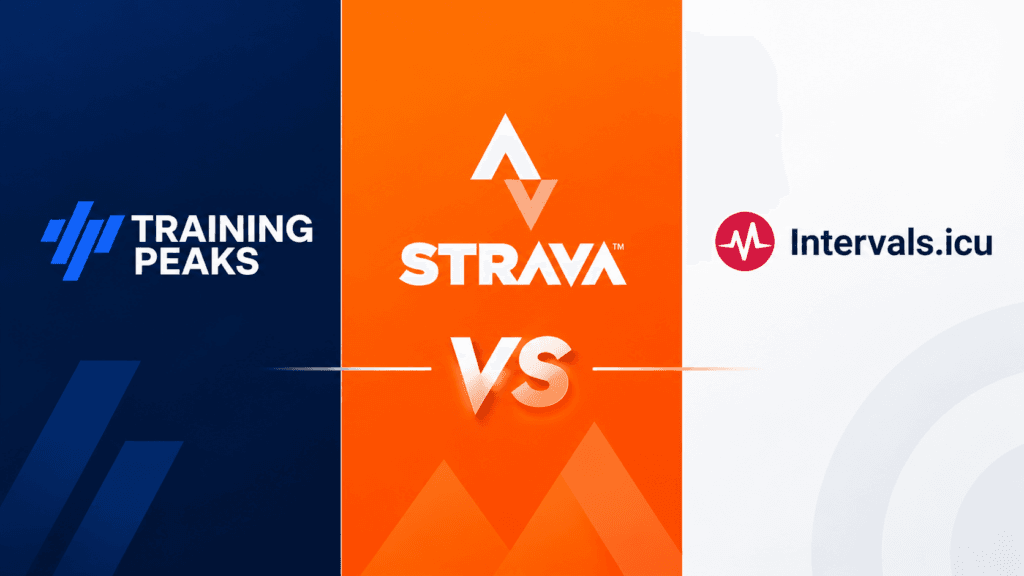 Comparativa TrainingPeaks vs Strava vs Intervals.icu: logos de las tres plataformas de análisis de entrenamiento ciclista
