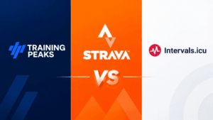 Comparativa TrainingPeaks vs Strava vs Intervals.icu: logos de las tres plataformas de análisis de entrenamiento ciclista